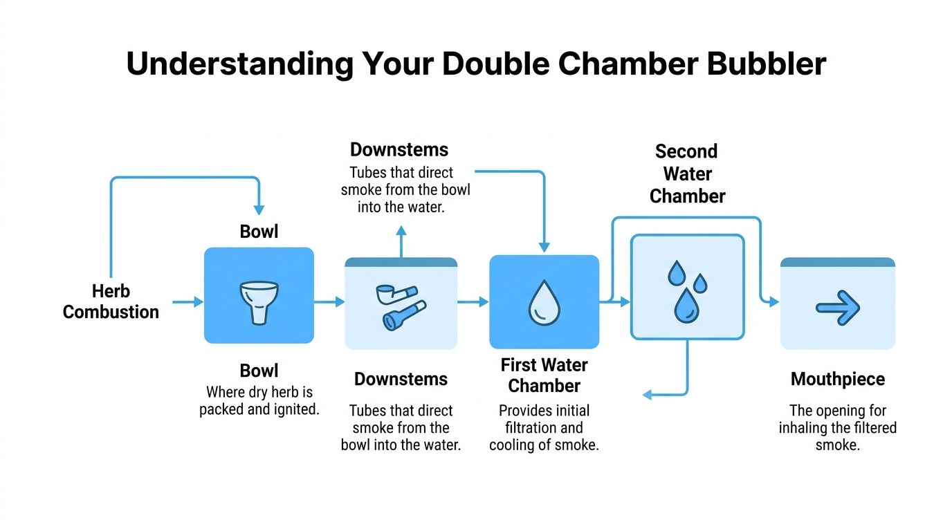 A diagram illustrating the step-by-step process of how a double chamber bubbler filters smoke for inhalation.