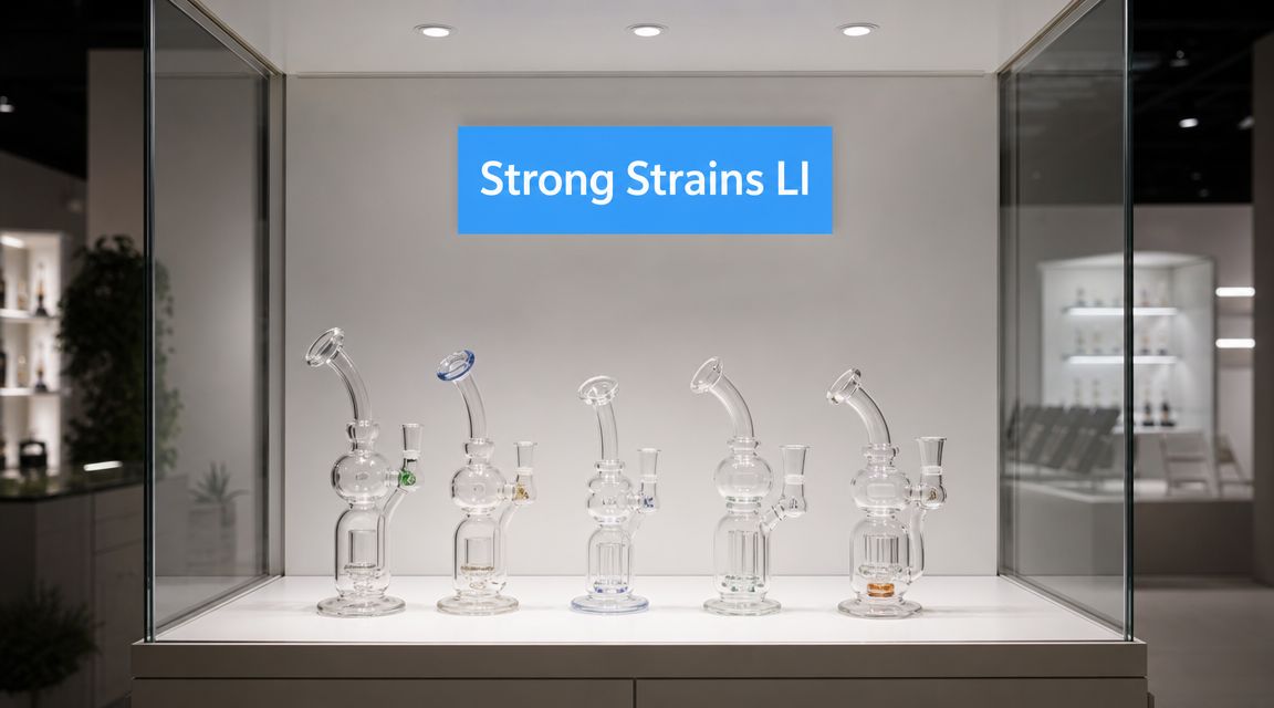 A display case showcasing five clear glass double chamber bubbler bongs with colorful accents on a shelf.