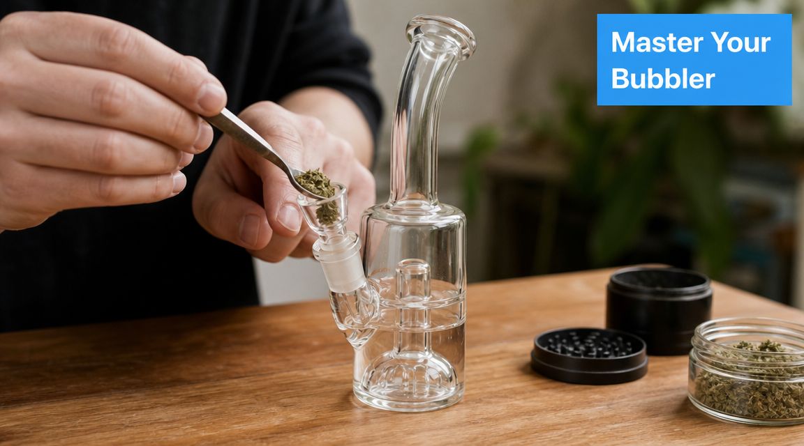 A person using a metal spoon to carefully place dried herbs into a glass double chamber bubbler.