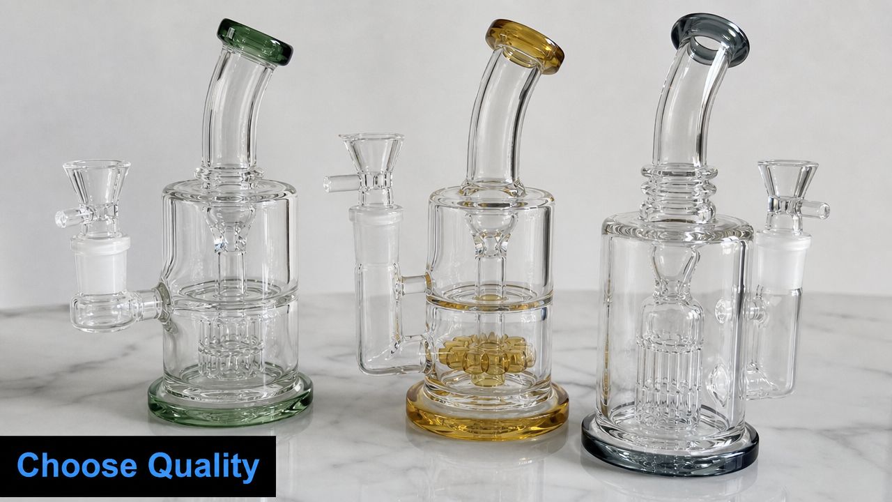 Three glass double chamber bubblers with green, gold, and grey accents sitting on a marble countertop.