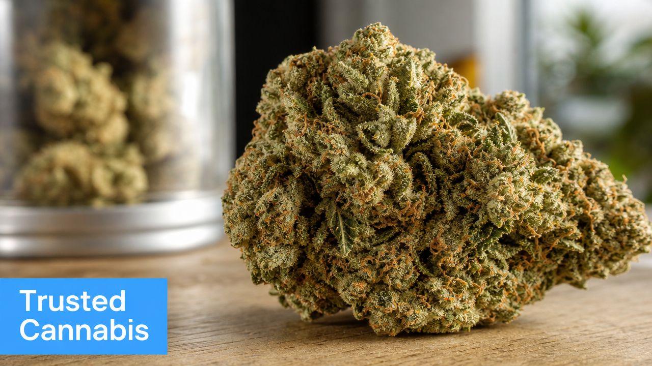 A close-up view of a dried cannabis flower bud placed on a wooden surface with a glass jar.