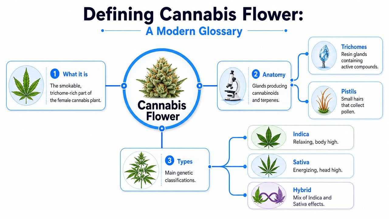 A modern glossary infographic explaining the definition, anatomy, and three main types of cannabis flowers.