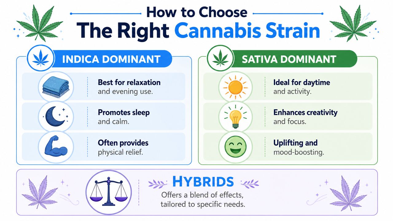 An infographic titled How to Choose The Right Cannabis Strain, comparing Indica, Sativa, and Hybrid effects.