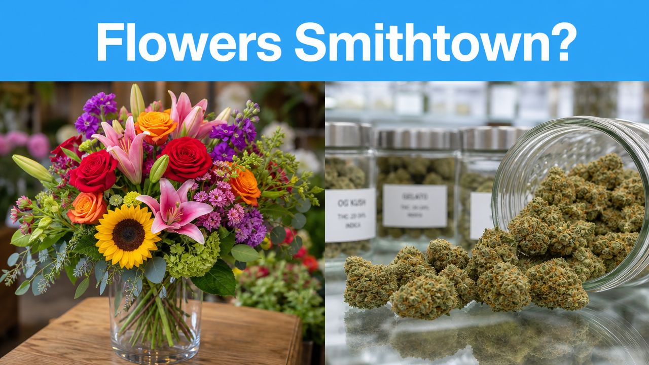 A split image showing a vibrant bouquet of mixed flowers beside jars of dried cannabis buds.