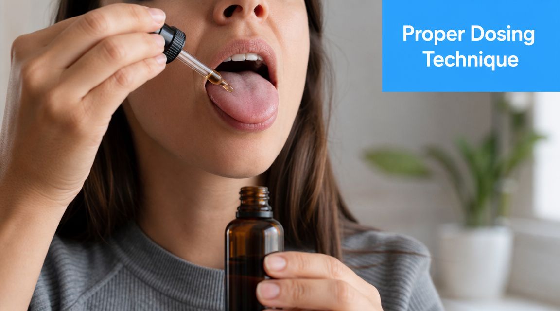 A young woman uses a dropper to place liquid medication onto her tongue for proper dosing.