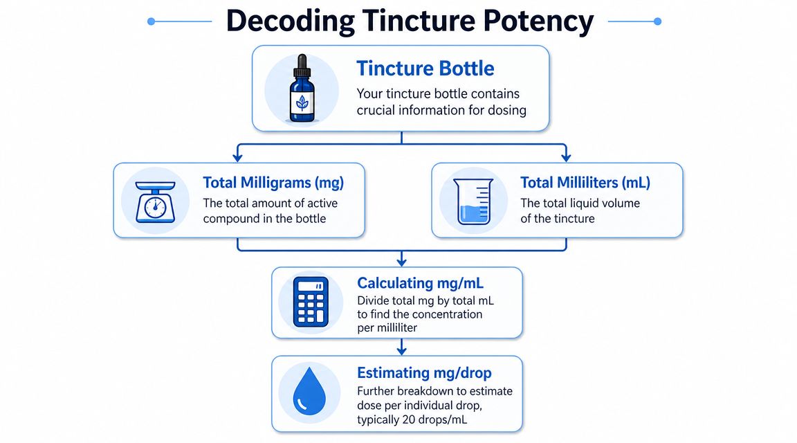 A flowchart explaining how to calculate the potency of a tincture based on milligrams and milliliters.