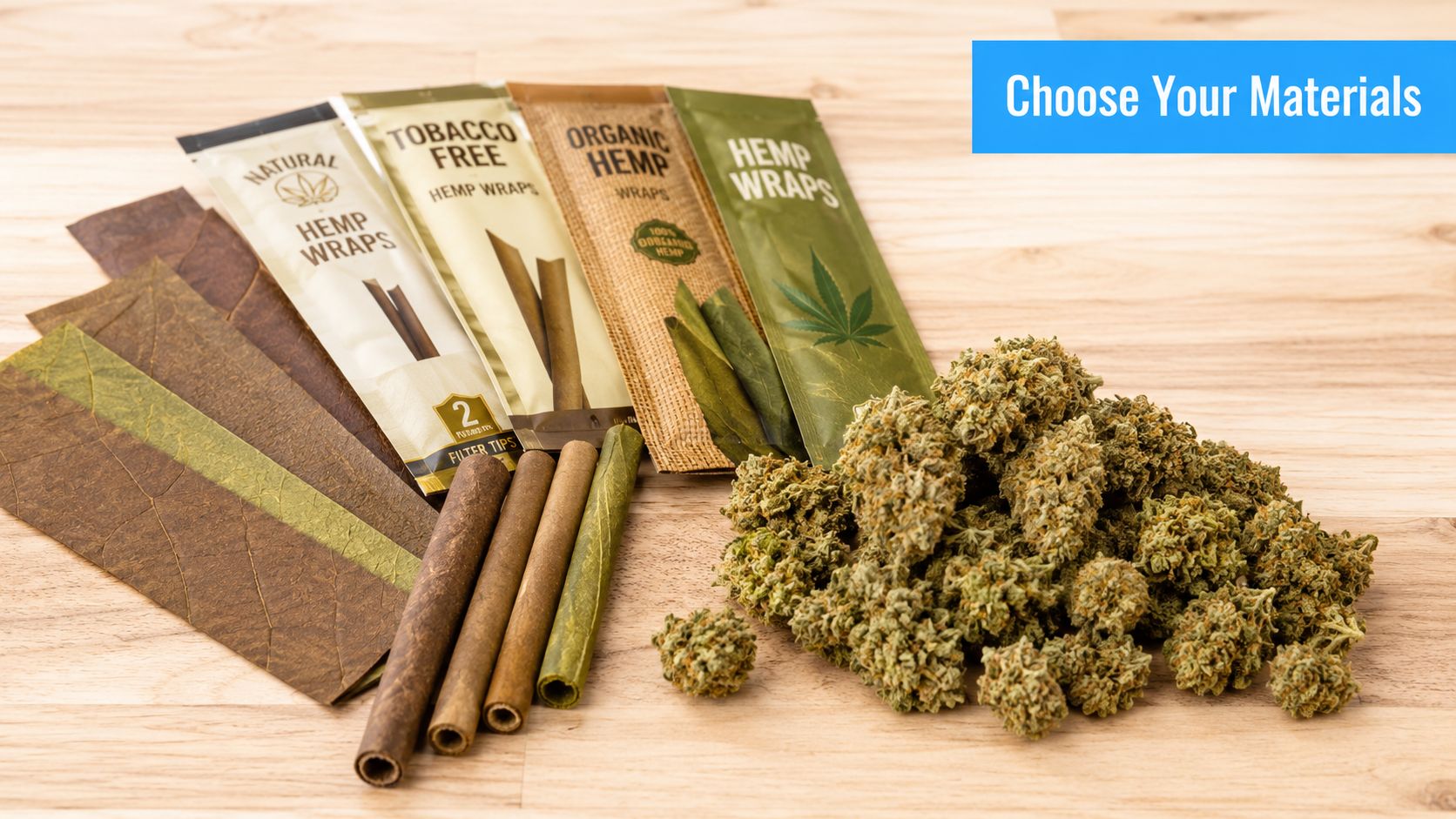 A selection of various hemp wraps and dried cannabis flower buds arranged on a wooden table.