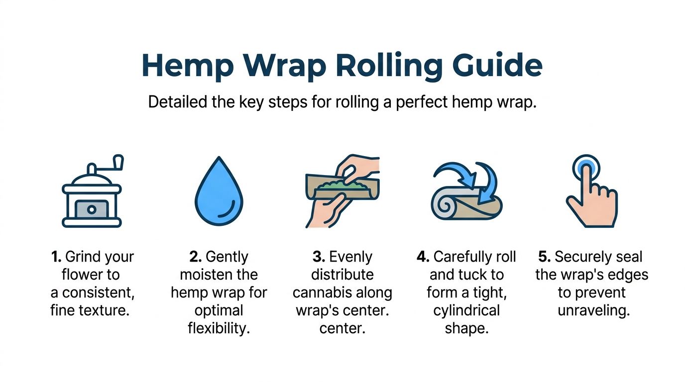 A five-step illustrated guide showing how to roll a hemp wrap for cannabis consumption.