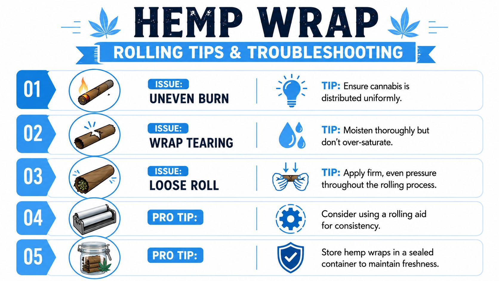 An infographic titled Hemp Wrap Rolling Tips and Troubleshooting providing five essential steps for rolling hemp wraps.