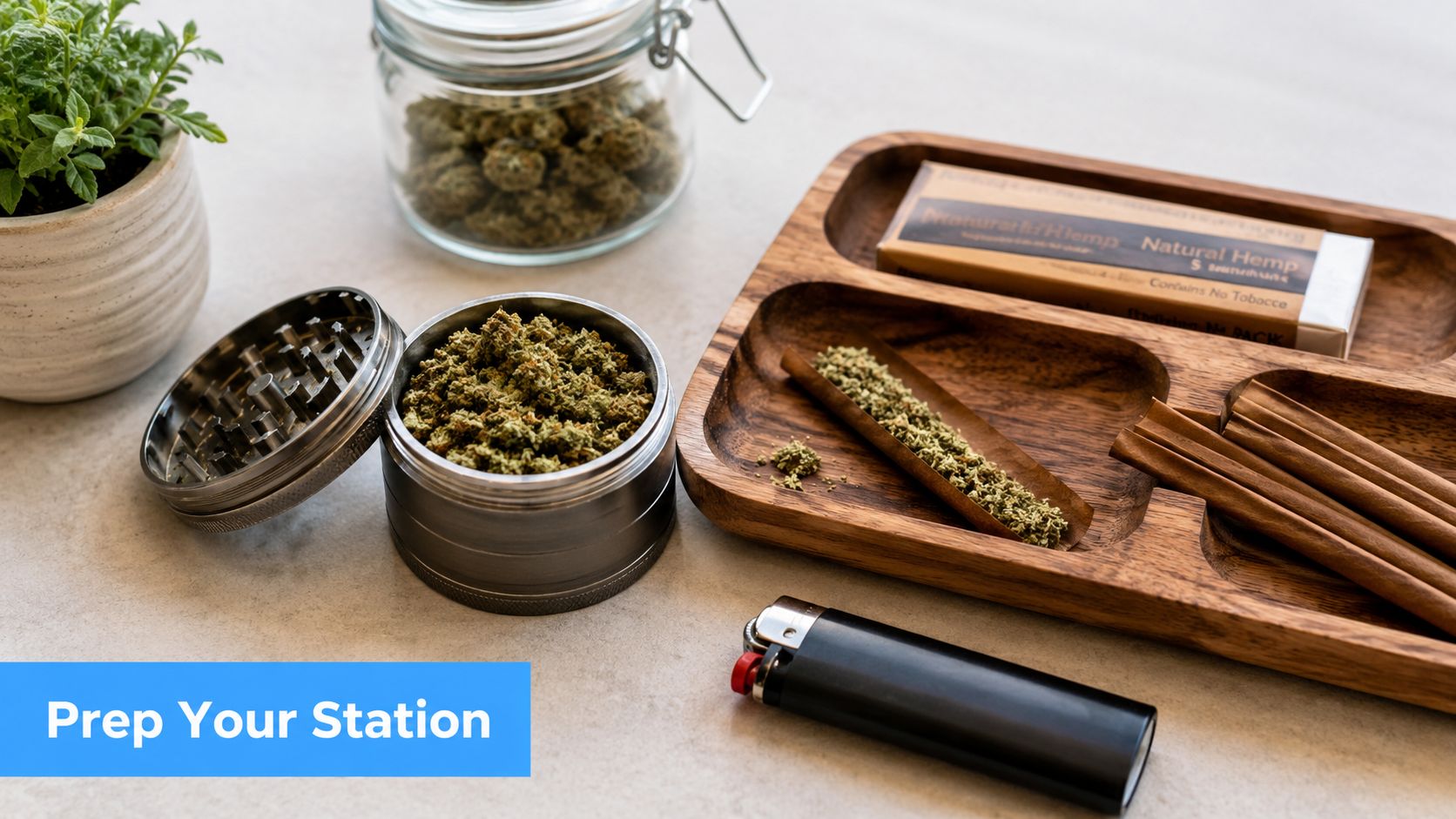 A wooden rolling tray with hemp wraps, a grinder filled with cannabis, and a lighter on a table.