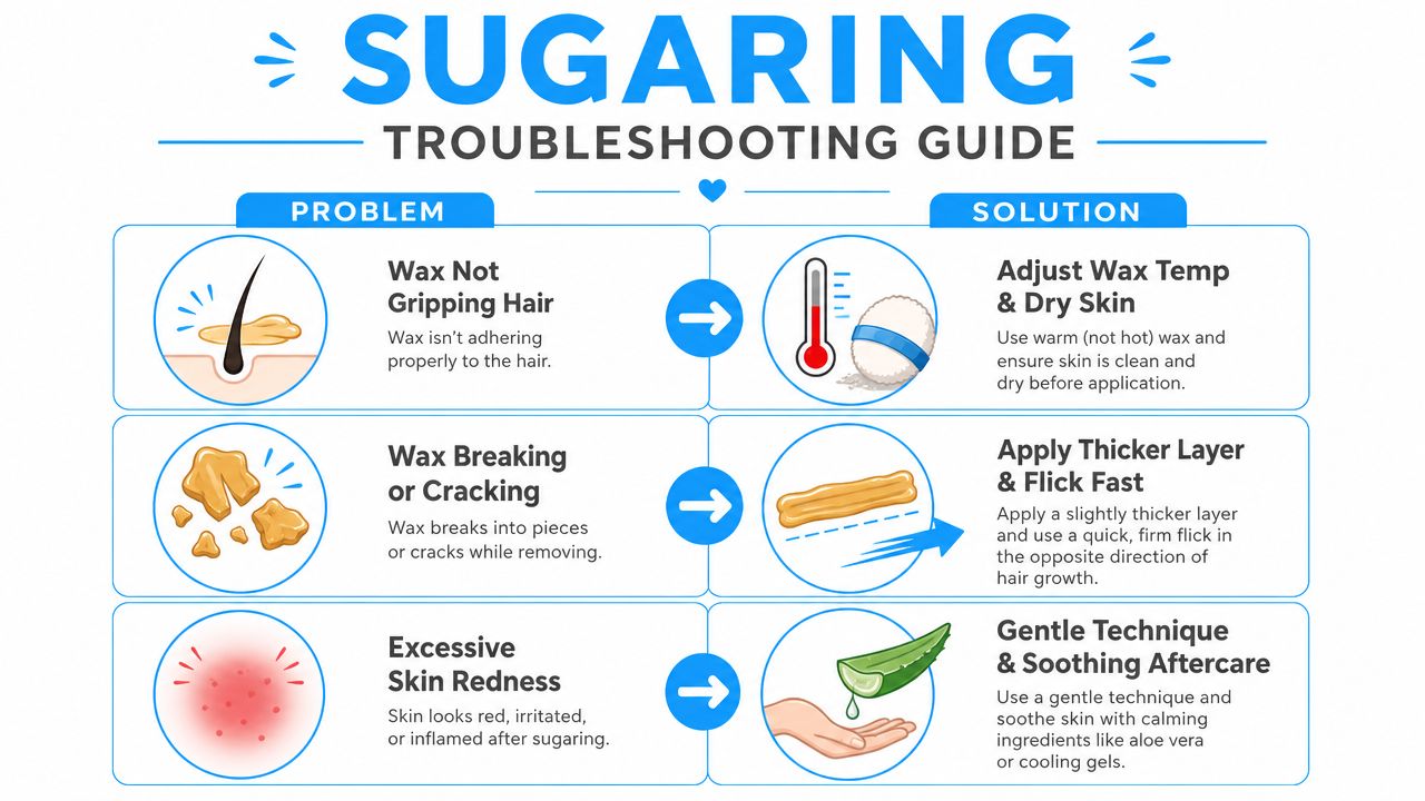 A troubleshooting infographic for sugaring hair removal addressing issues with grip, wax consistency, and skin irritation.