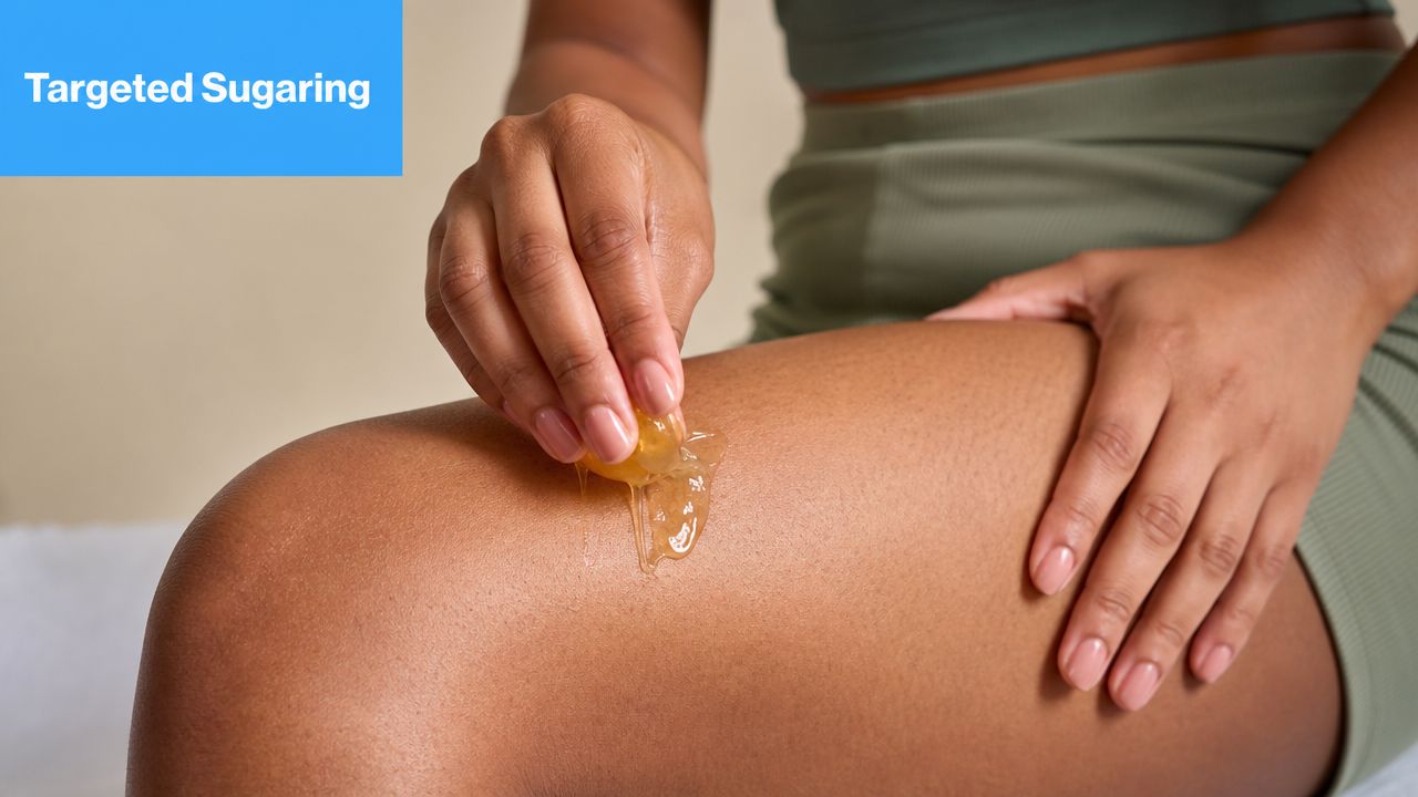 A close-up of a person applying sticky sugar wax to their leg for hair removal treatment.