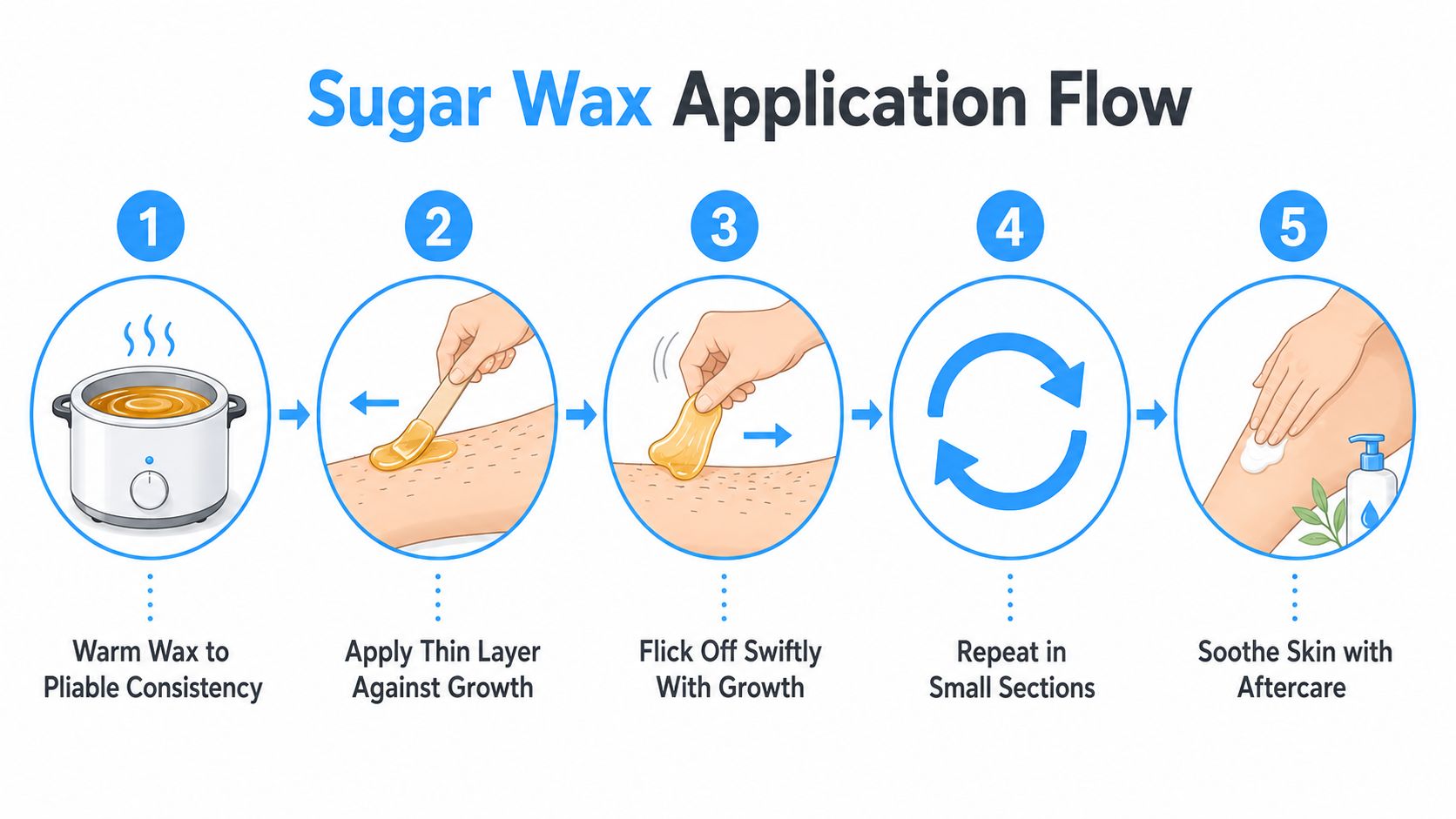 A step-by-step infographic showing how to apply sugar wax, including warming, applying, removing, and soothing skin.