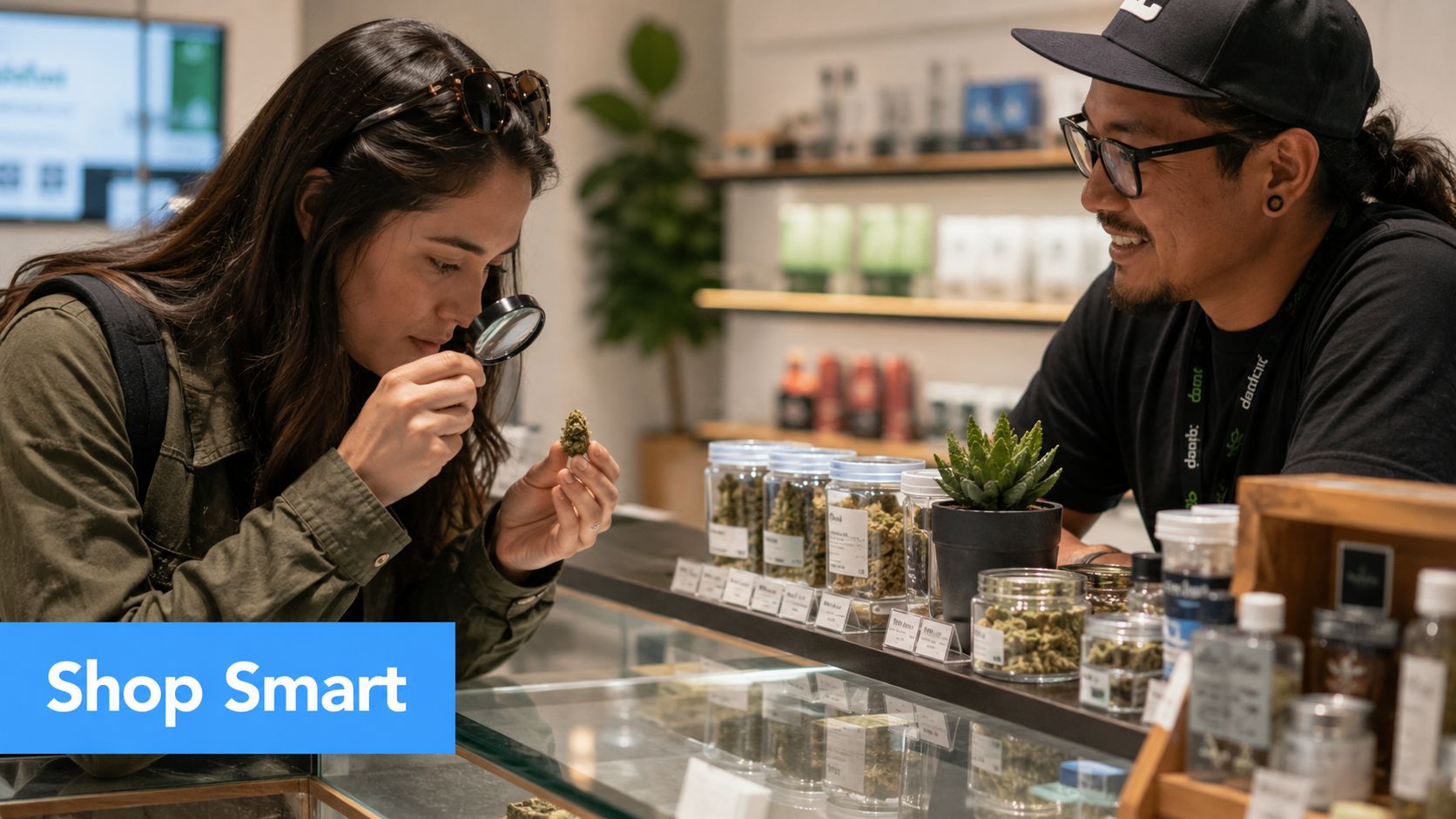 A woman examines a cannabis bud with a magnifying glass while a dispensary staff member smiles nearby.