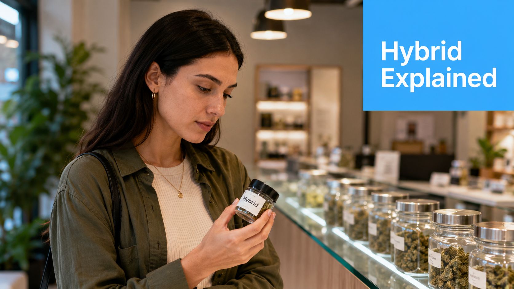 A woman inspecting a jar labeled hybrid in a professional cannabis dispensary store environment.