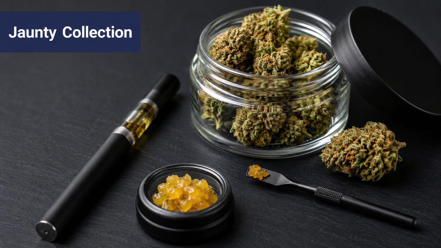 A Jaunty collection set featuring cannabis flower buds in a glass jar, a vape pen, and wax concentrate.