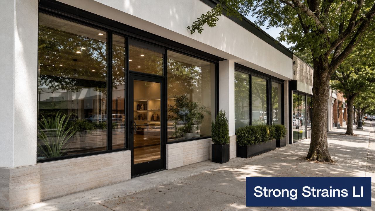 A modern storefront with glass windows, black frames, and light stone tile siding on a sunny street.