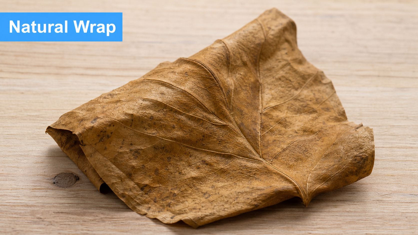 A dried, brownish-yellow natural leaf wrap lying flat on a light-colored wooden surface background.