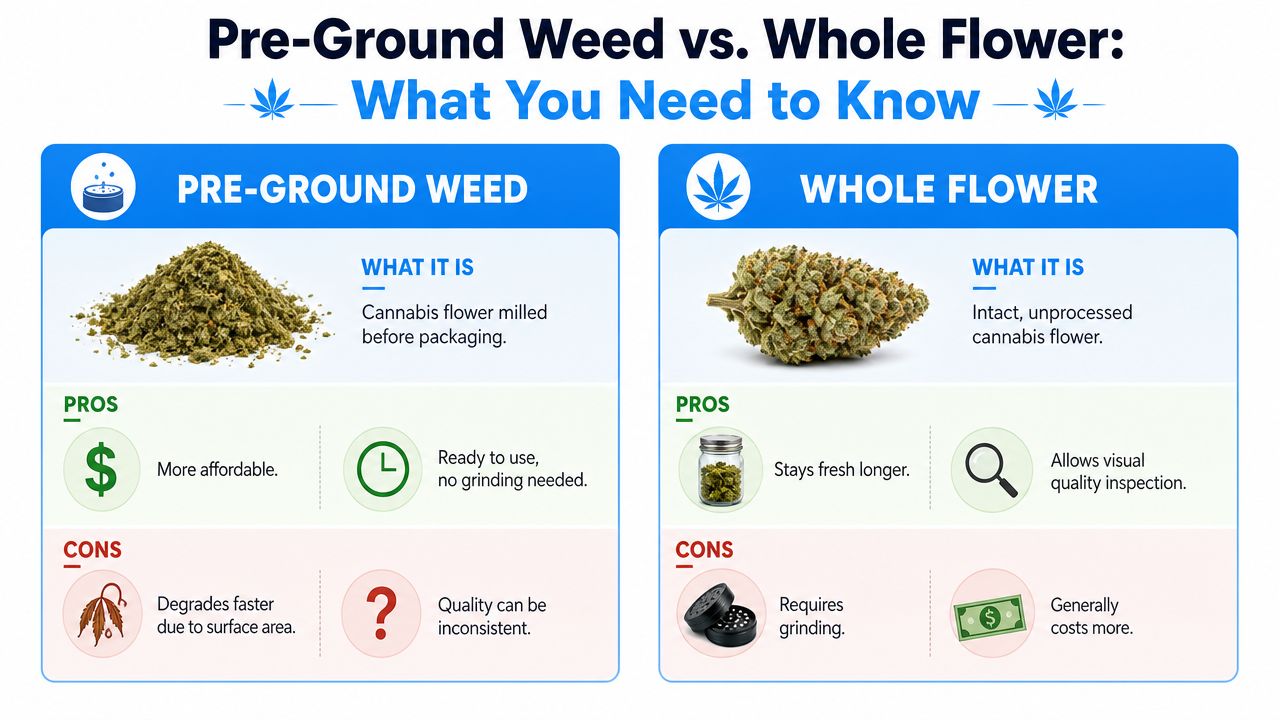 A comparison chart outlining the pros and cons of using pre-ground weed versus whole cannabis flower.