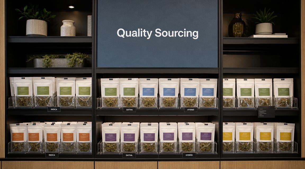 A display shelf in a dispensary featuring various bags of pre-ground weed organized by strain type.