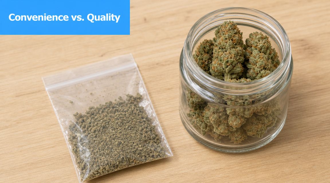 A small plastic bag of pre-ground cannabis next to a glass jar filled with high-quality marijuana buds.