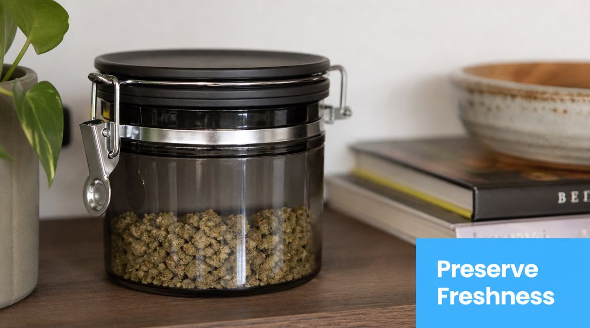 A glass storage jar filled with pre ground weed sitting on a wooden shelf next to books.