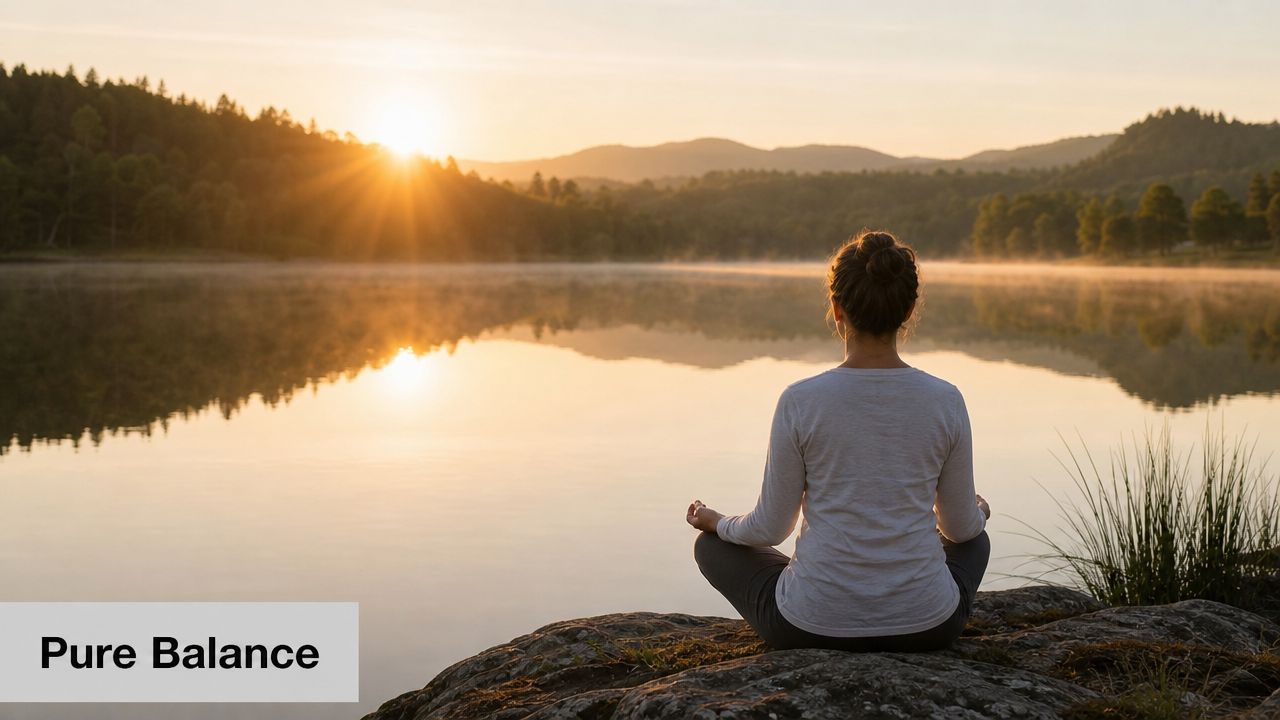 A person meditating in a peaceful pose by a serene lake during a beautiful golden sunrise.