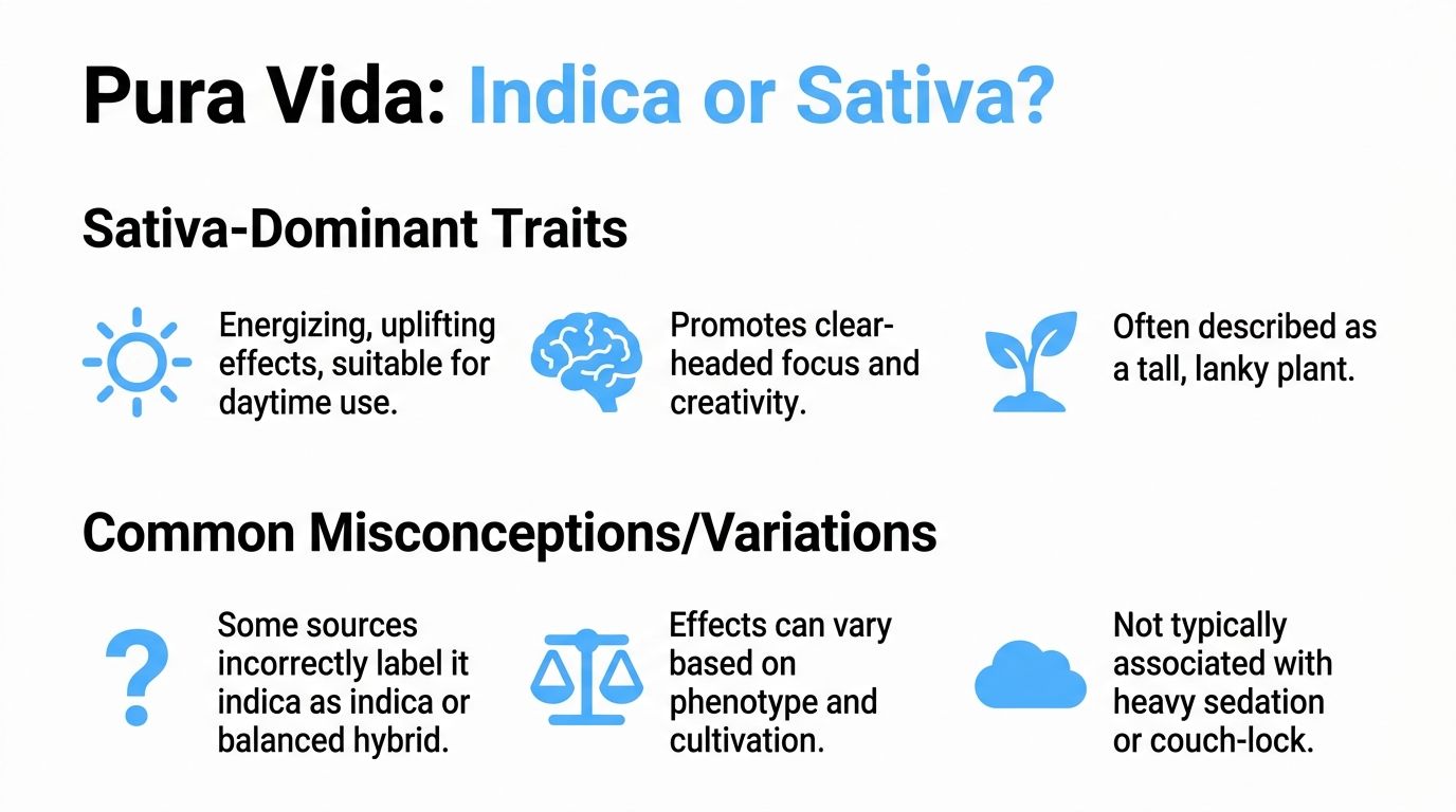 An informational infographic explaining whether the Pura Vida strain is considered indica or sativa dominant.