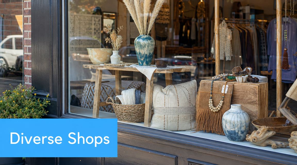 A curated window display featuring artisan pottery, woven textiles, and natural decor items inside a charming boutique shop.