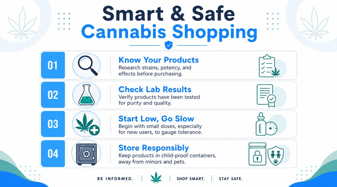 An infographic titled Smart & Safe Cannabis Shopping offering four essential tips for responsible and informed cannabis consumption.