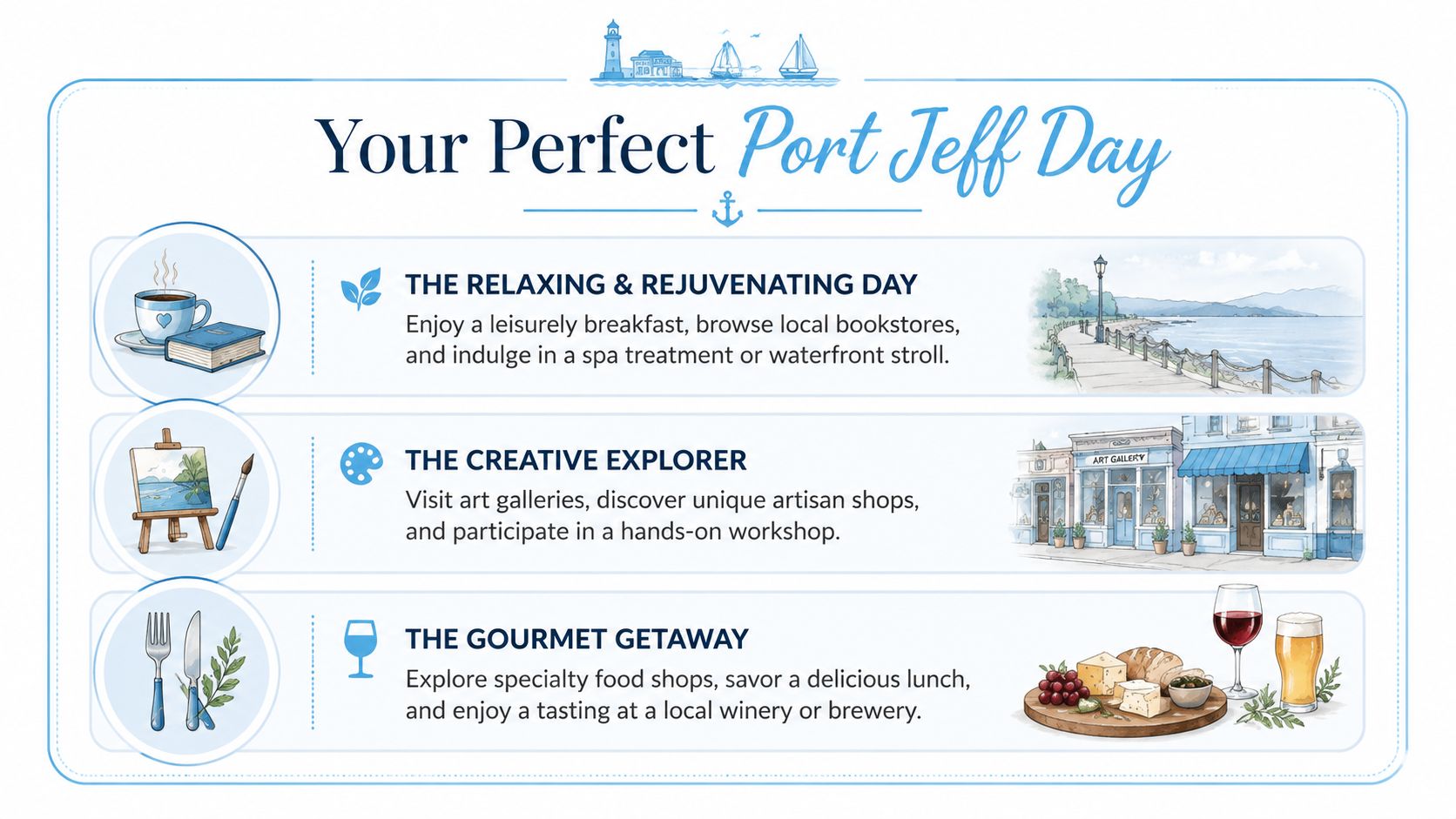 A travel guide graphic titled Your Perfect Port Jeff Day featuring itinerary ideas like shopping and dining.