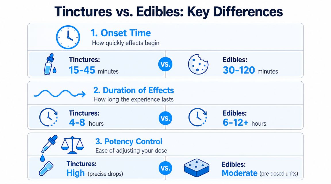A comparison chart showing the differences between cannabis tinctures and edibles regarding onset time, duration, and potency.