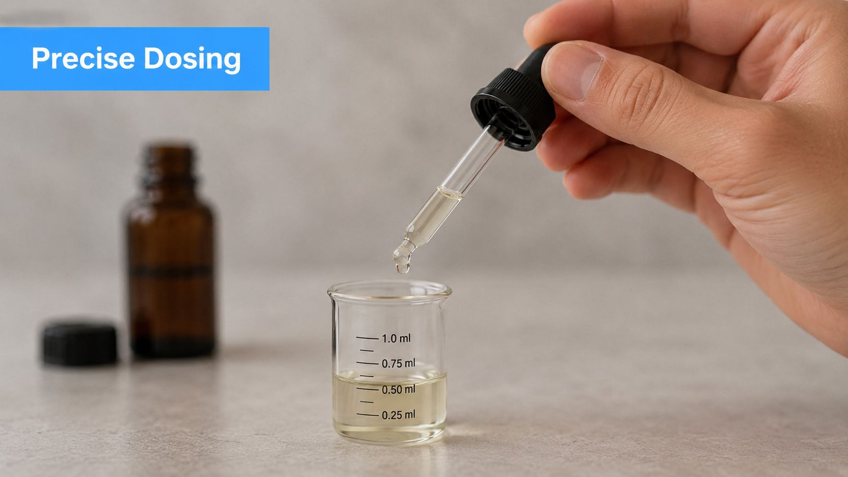 A hand holding a dropper over a small measuring cup for liquid THC tincture dosing.