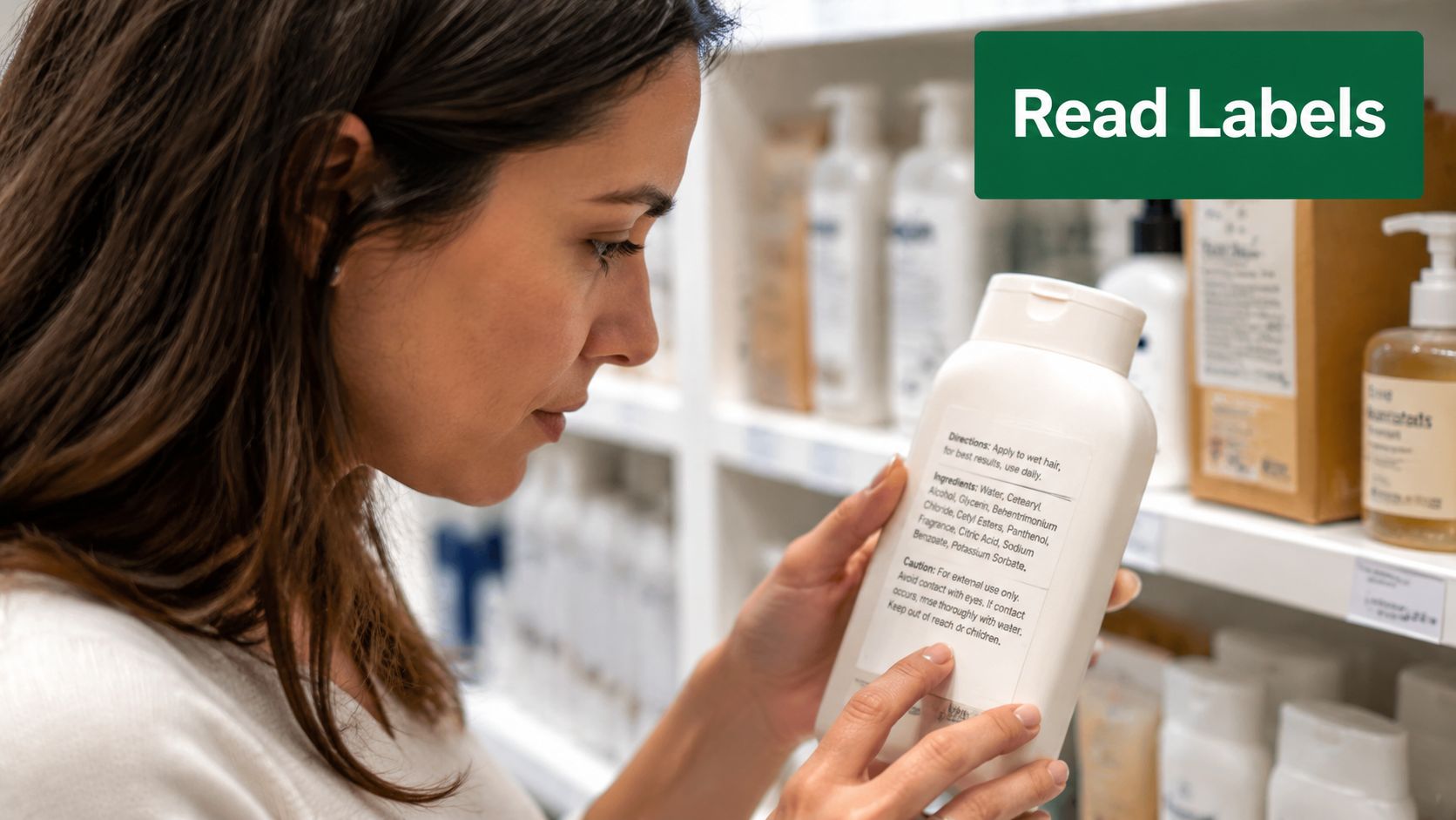 A young woman closely reading the ingredients label on a white bottle in a retail store.