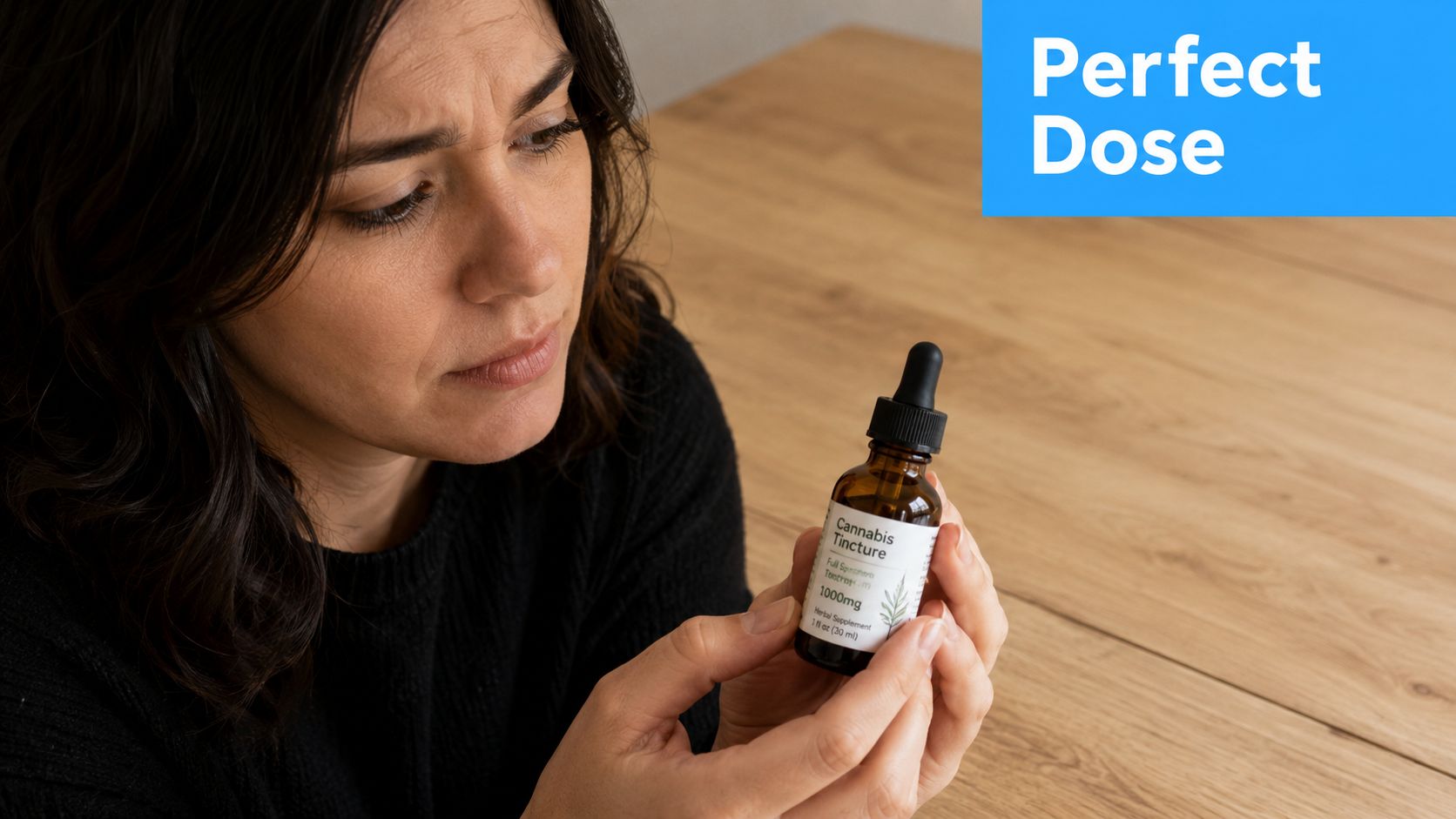 A concerned woman carefully examines a small bottle of cannabis tincture labeled 1000mg.