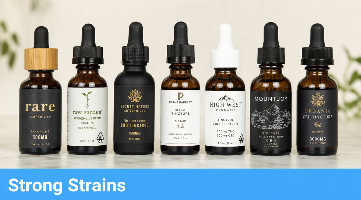 A row of seven glass bottles containing various cannabis and CBD tinctures lined up on a surface.