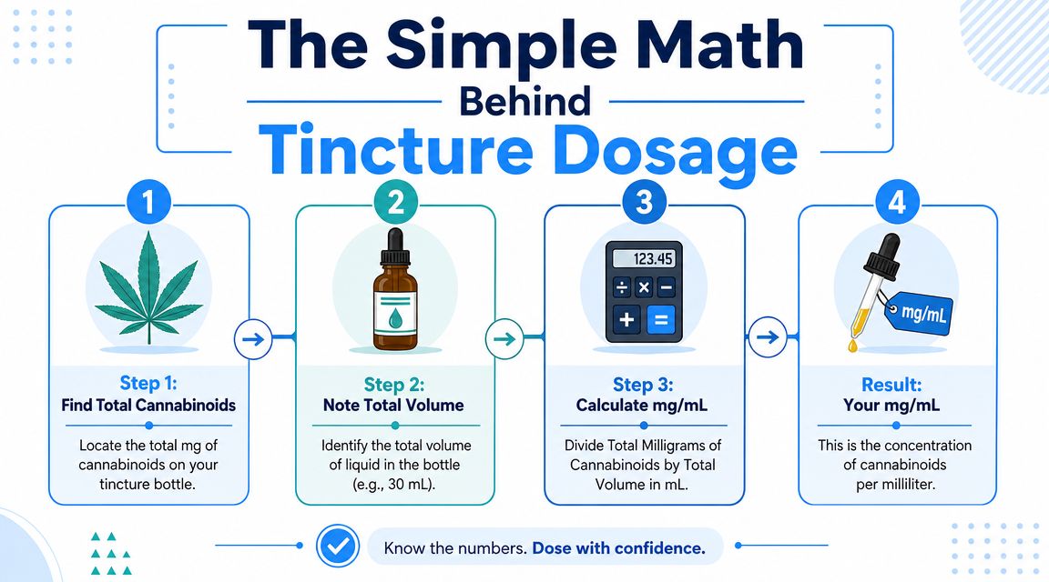A four-step infographic explaining how to calculate the cannabinoid concentration in milligrams per milliliter of a tincture.
