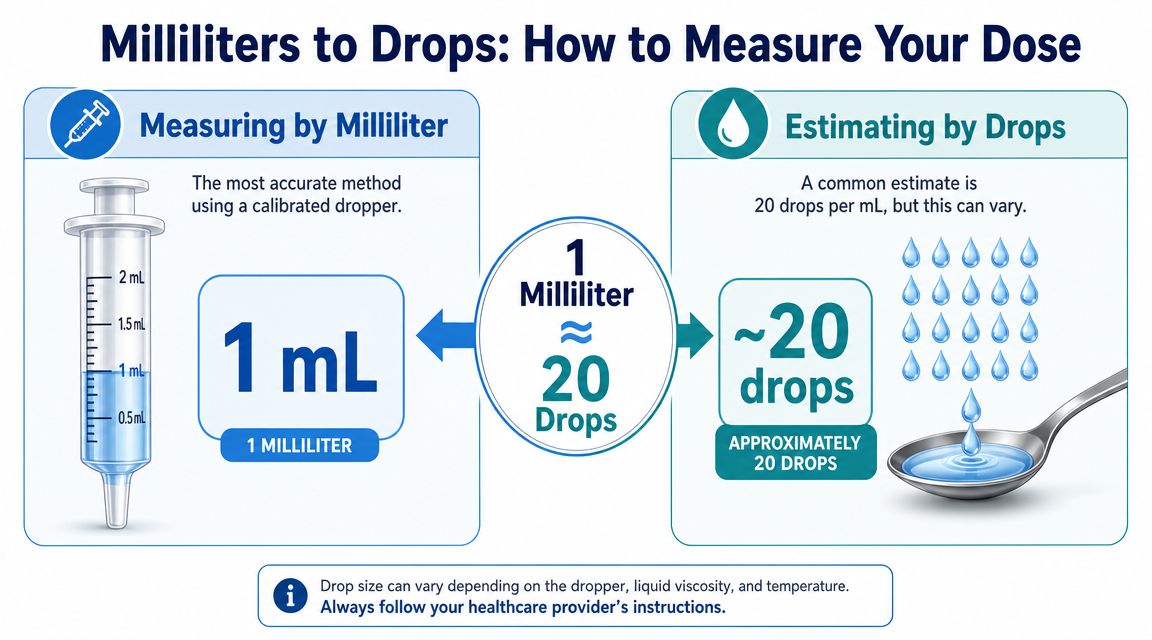 A conversion infographic showing the relationship between one milliliter and approximately twenty drops for medication dosing.