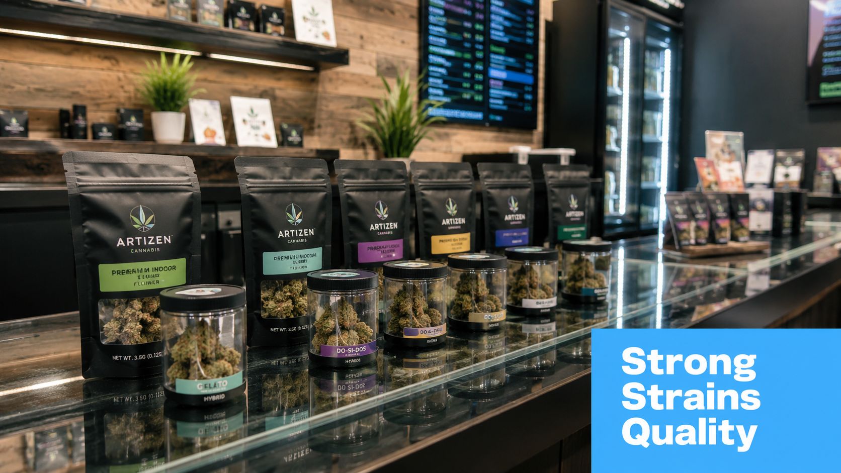 A display case at a dispensary filled with various Artizen Cannabis flower bags and glass jars.