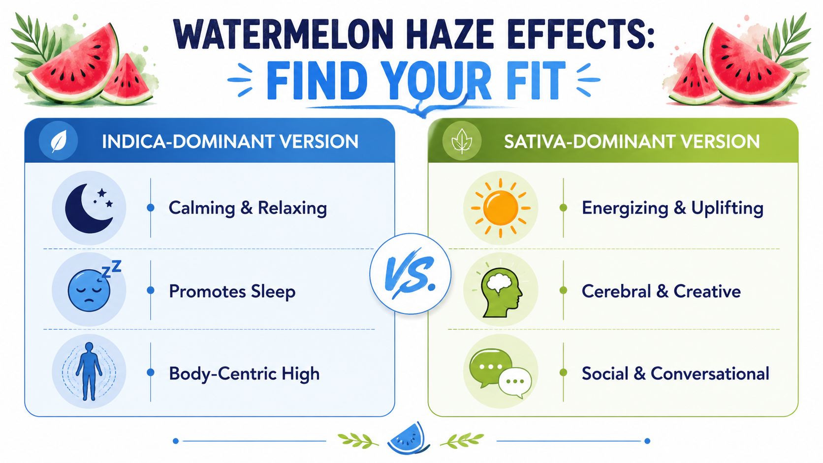 A comparison chart showing the different effects of Indica-dominant and Sativa-dominant Watermelon Haze cannabis strains.