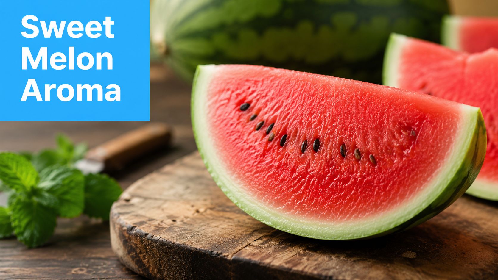 A fresh slice of watermelon on a wooden board next to mint leaves with text overlay.