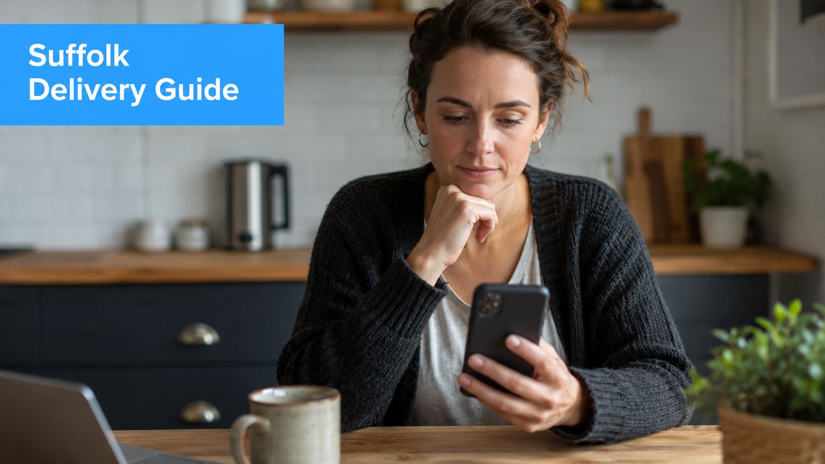 A woman looks at her phone in a kitchen with the text overlay Suffolk Delivery Guide visible.