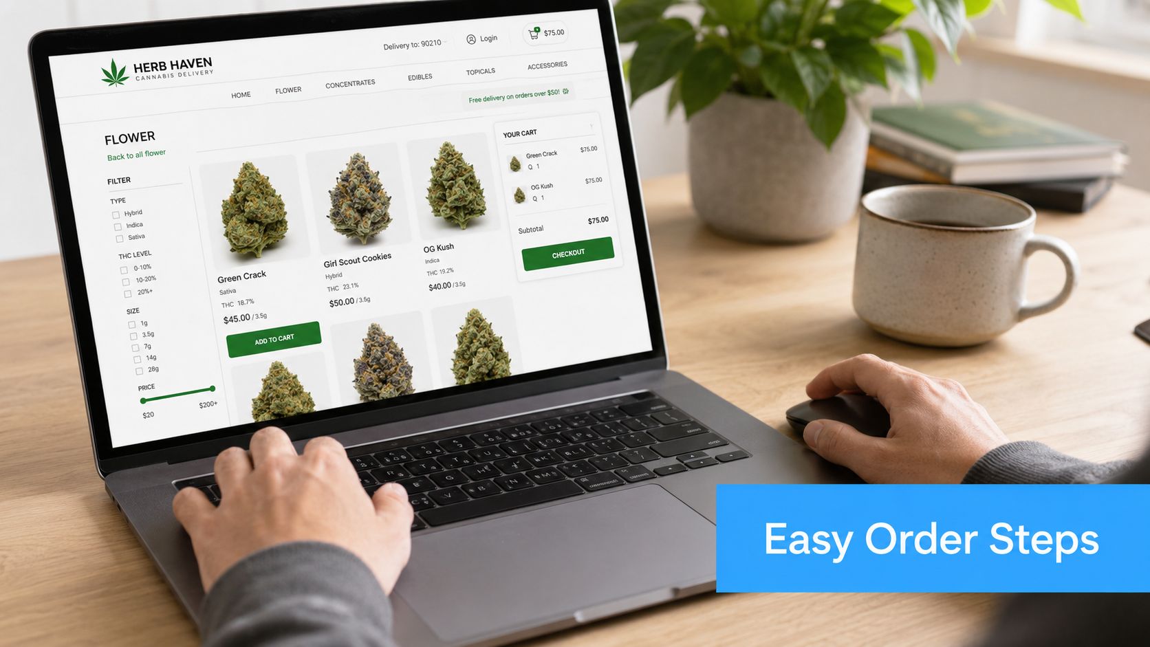 A person using a laptop to browse a cannabis delivery website on a wooden desk.