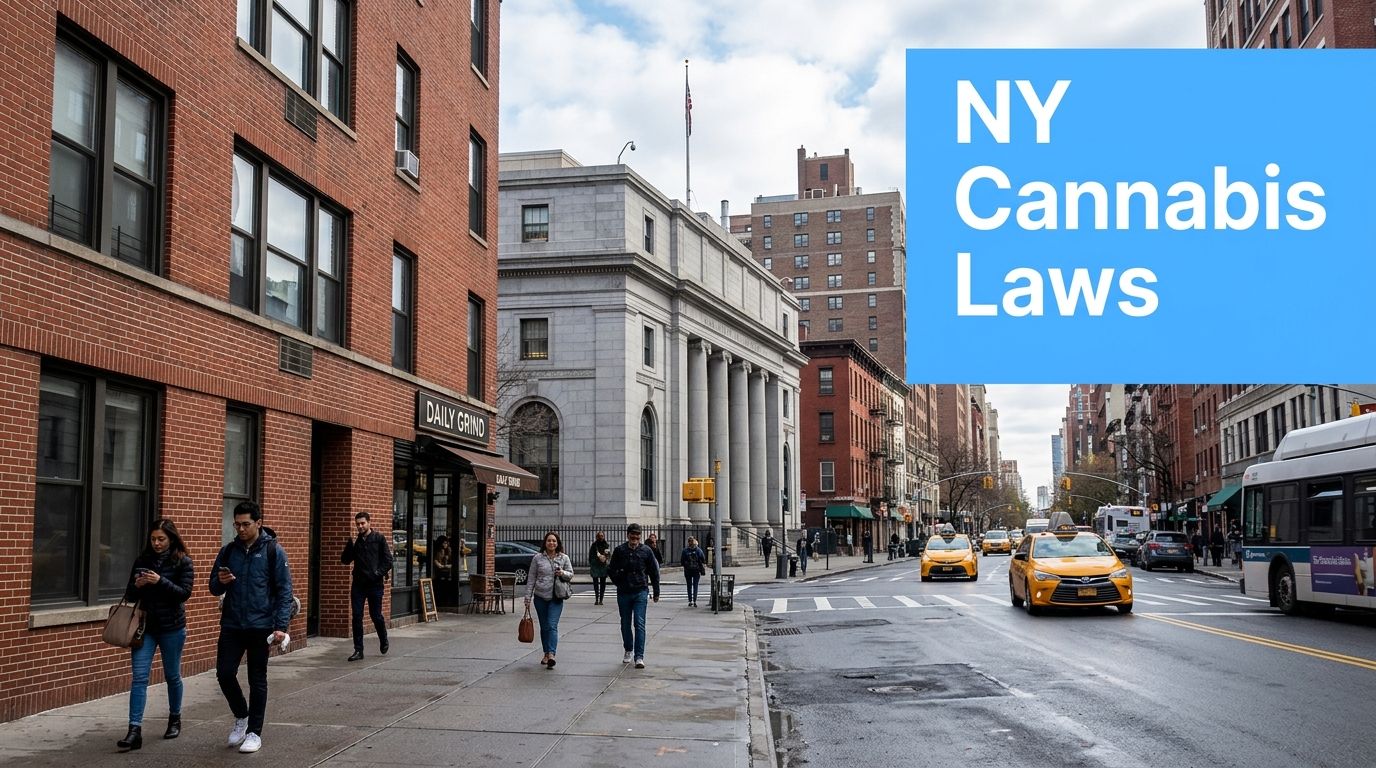 People walking on a sidewalk in New York City with a banner about NY cannabis laws overhead.