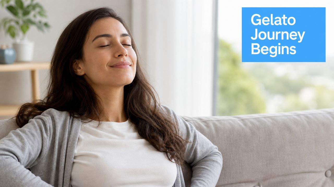 A serene woman relaxing on a sofa with her eyes closed, suggesting the calming effects of cannabis.