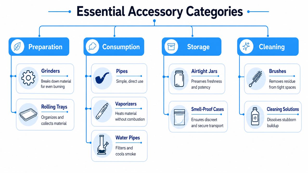 A flowchart categorizing essential smoking accessories into preparation, consumption, storage, and cleaning groups with descriptive icons.