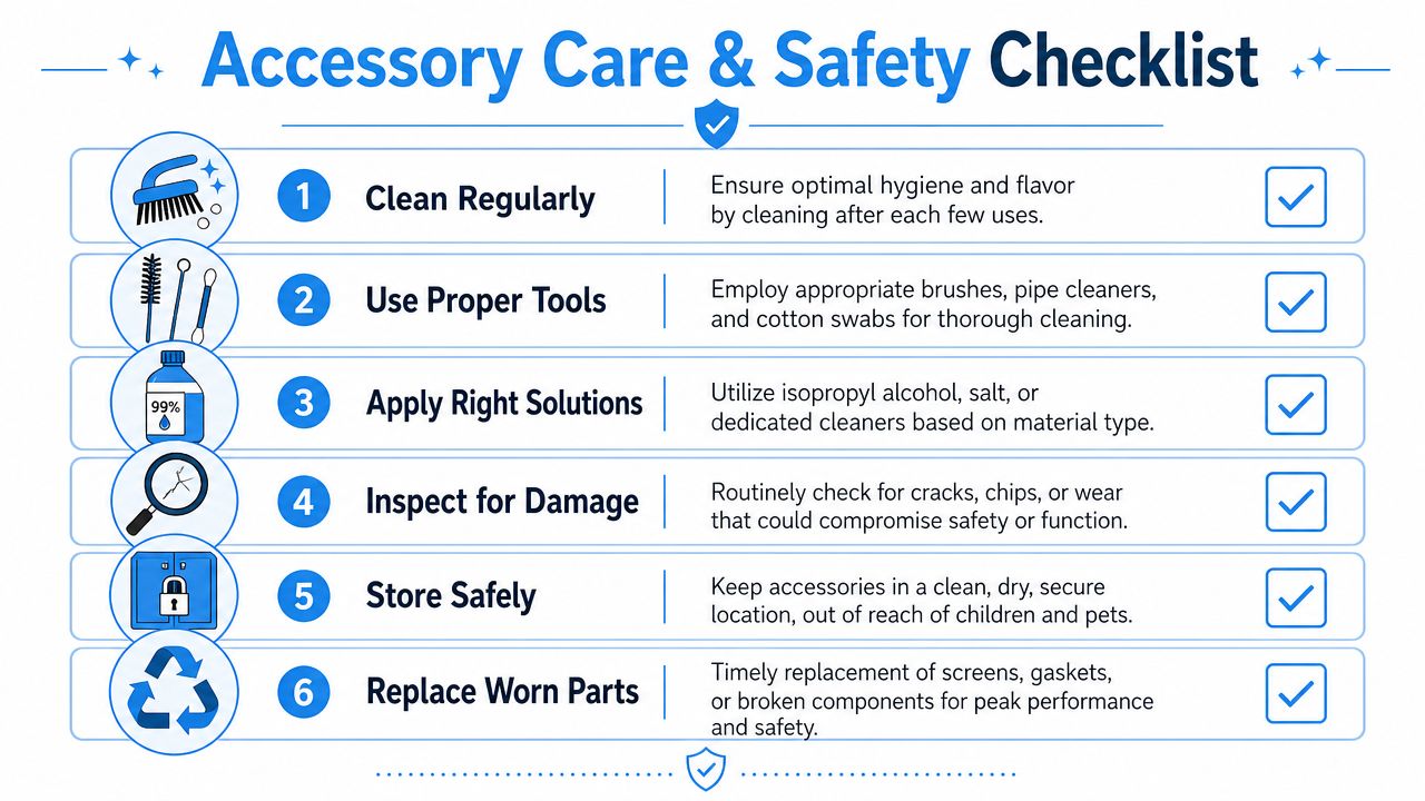 A six-point checklist detailing safety and cleaning guidelines for maintaining smoking accessories and equipment.