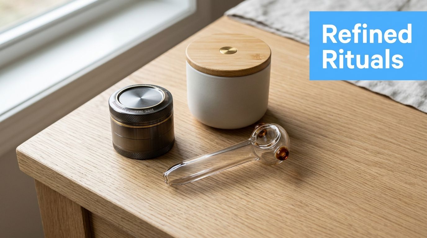 A modern smoking kit featuring a metal grinder, a ceramic jar, and a clear glass pipe.