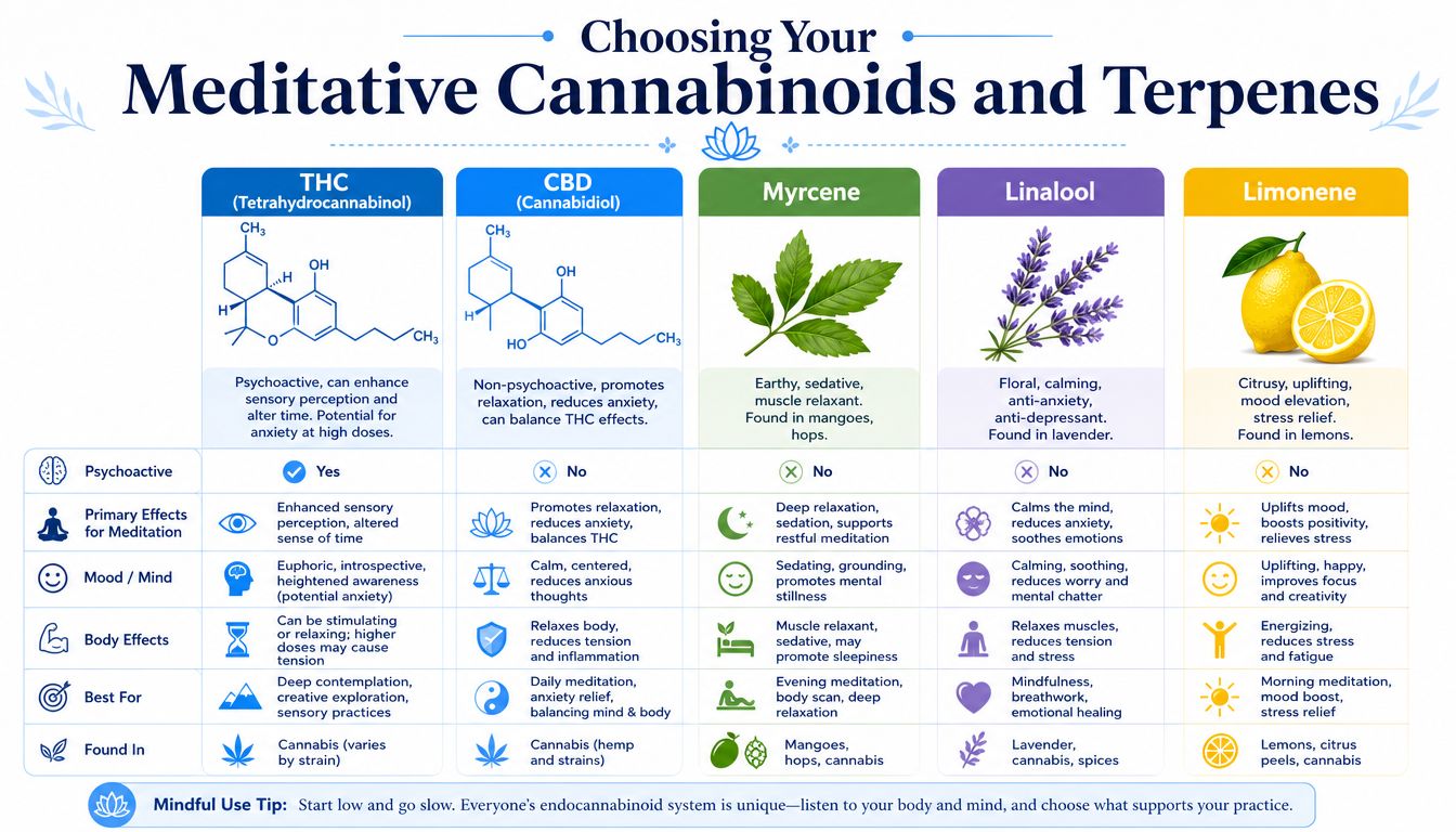 An infographic detailing the benefits of cannabinoids and terpenes like THC, CBD, Myrcene, Linalool, and Limonene for meditation.