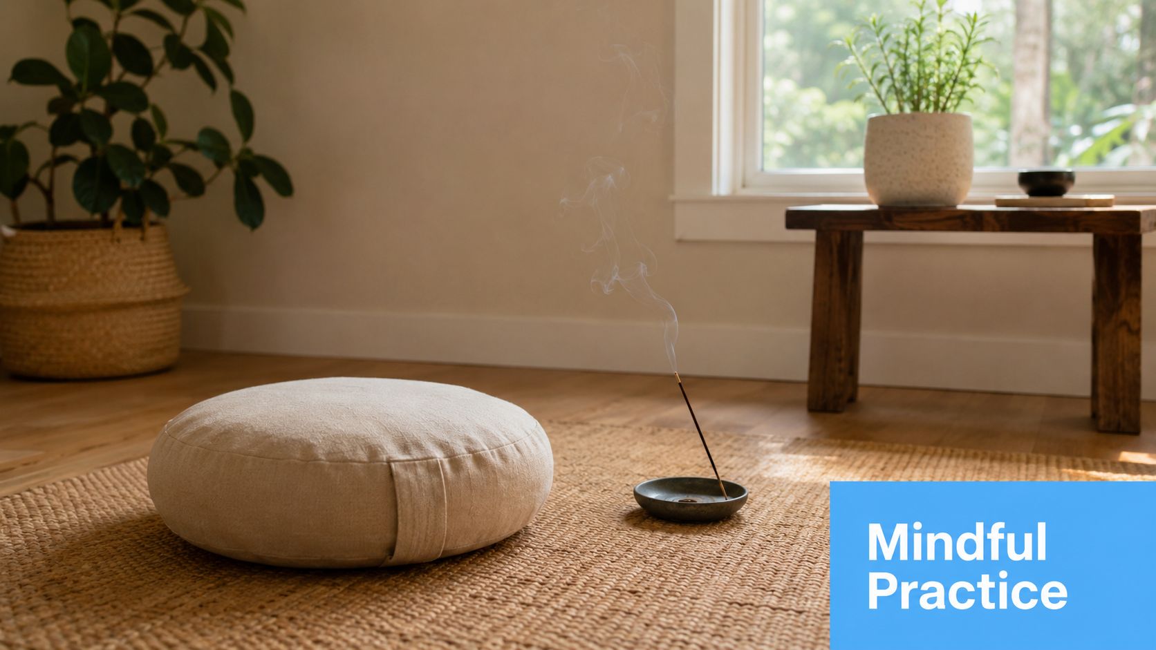 A serene room with a beige meditation cushion, a burning incense stick, and a green houseplant.